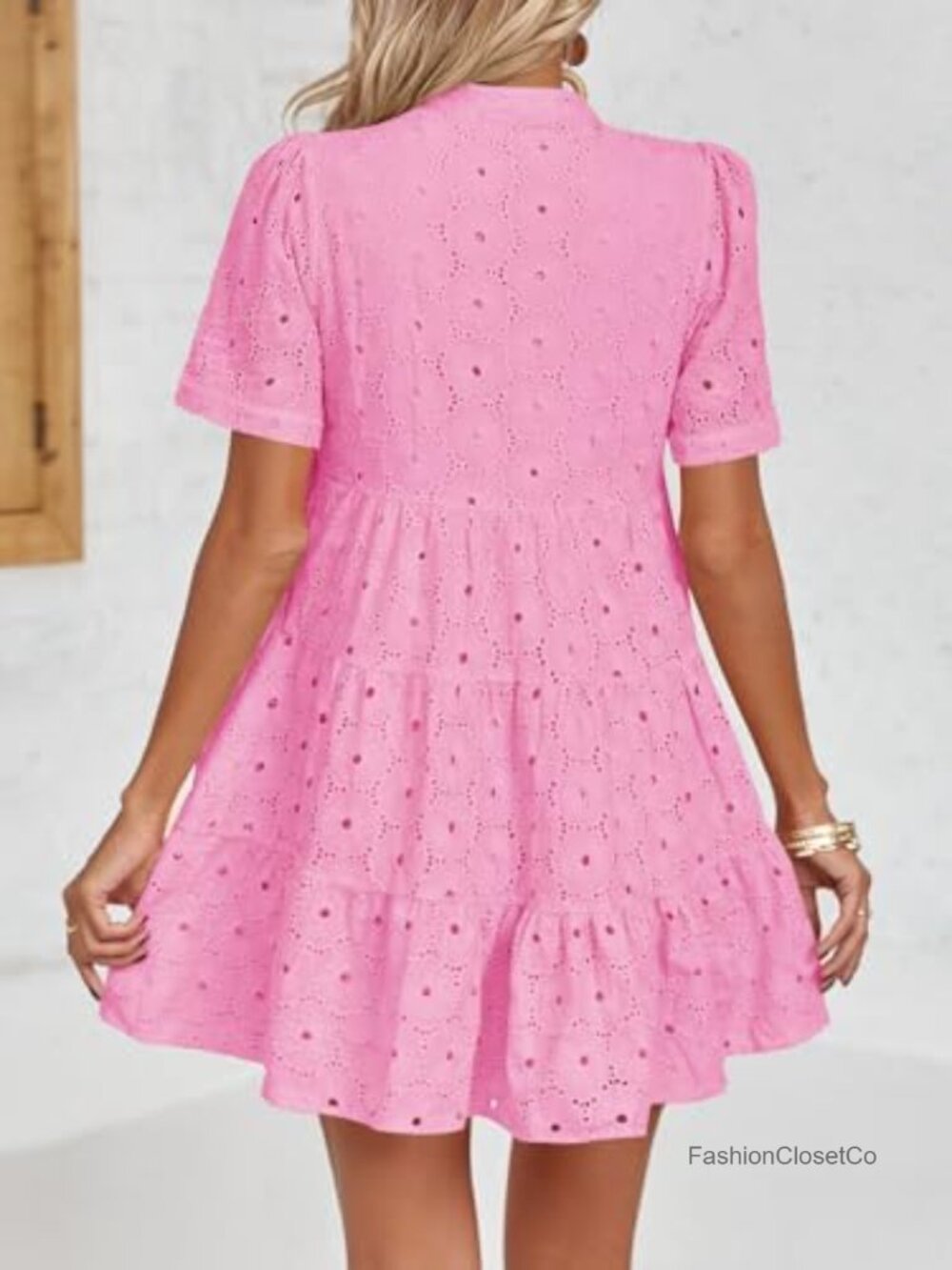 100% Polyester Eyelet Babydoll Dress Short Sleeve V Neck Flowy Tunic - Picture 4 of 7